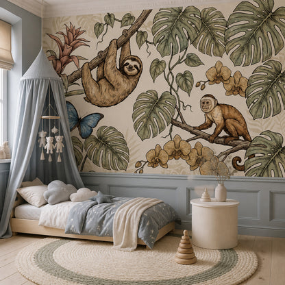 Tropical Jungle Wallpaper Monstera Leaves Removable Sloth Wall Decor