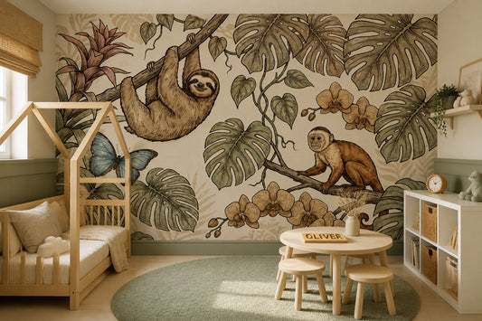 Tropical Jungle Wallpaper Monstera Leaves Removable Sloth Wall Decor