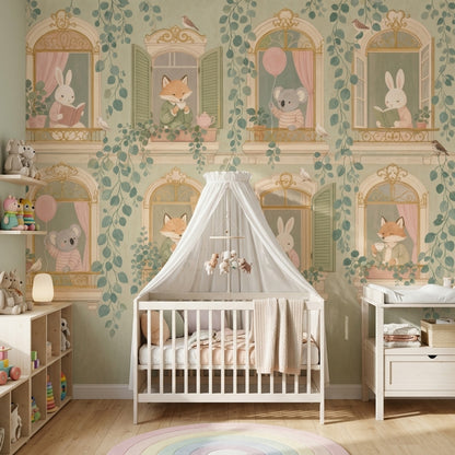 Storybook Animals Wallpaper Arched Windows Removable Whimsical Wall Decor