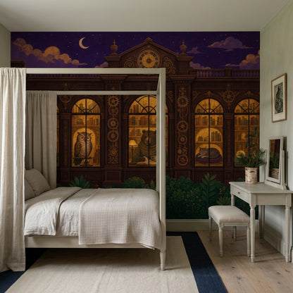 Night Library Wallpaper Vintage Illustration Arched Windows Wall Mural