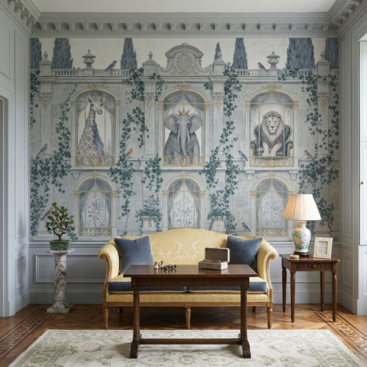 Palace Facade Wallpaper Vintage Illustration Removable Whimsical Animals Wall Decor
