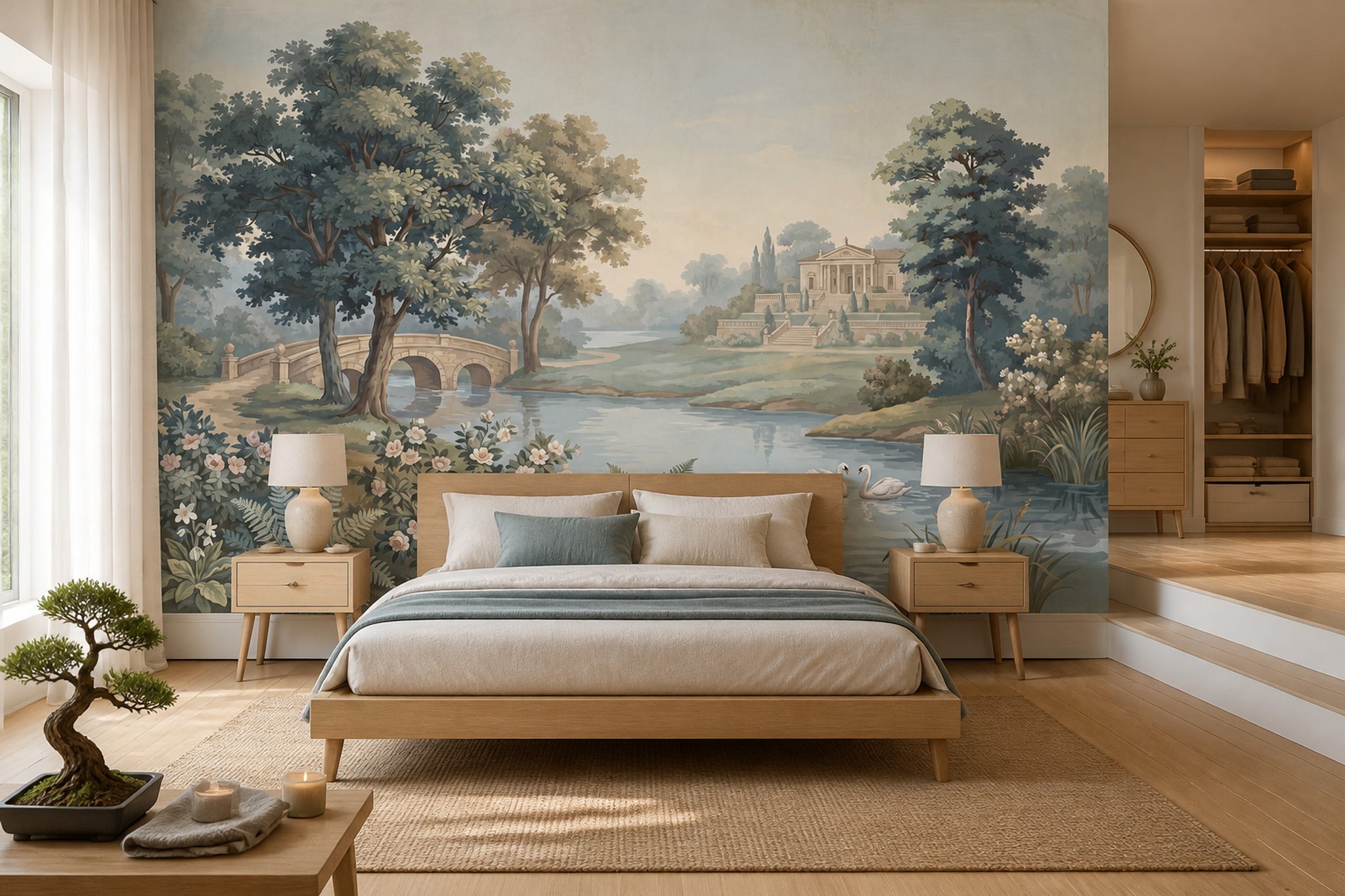 Pastoral Landscape Wallpaper Neoclassical Villa Stone Bridge Wall Mural