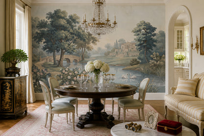 Pastoral Landscape Wallpaper Neoclassical Villa Stone Bridge Wall Mural