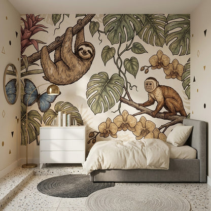 Tropical Jungle Wallpaper Monstera Leaves Removable Sloth Wall Decor