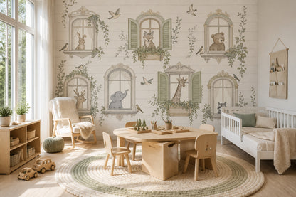 Storybook Wallpaper Ornate Windows Removable Woodland Animals Wall Decor