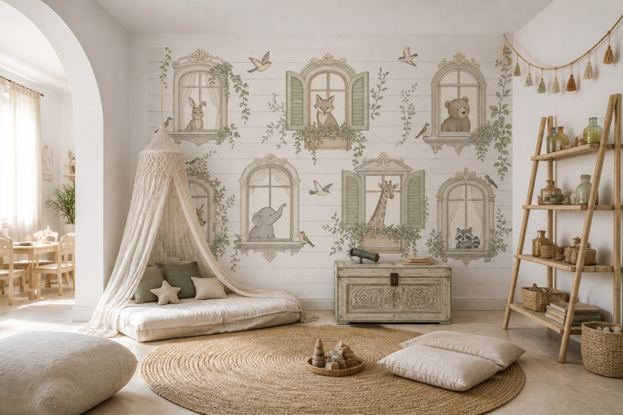 Storybook Wallpaper Ornate Windows Removable Woodland Animals Wall Decor