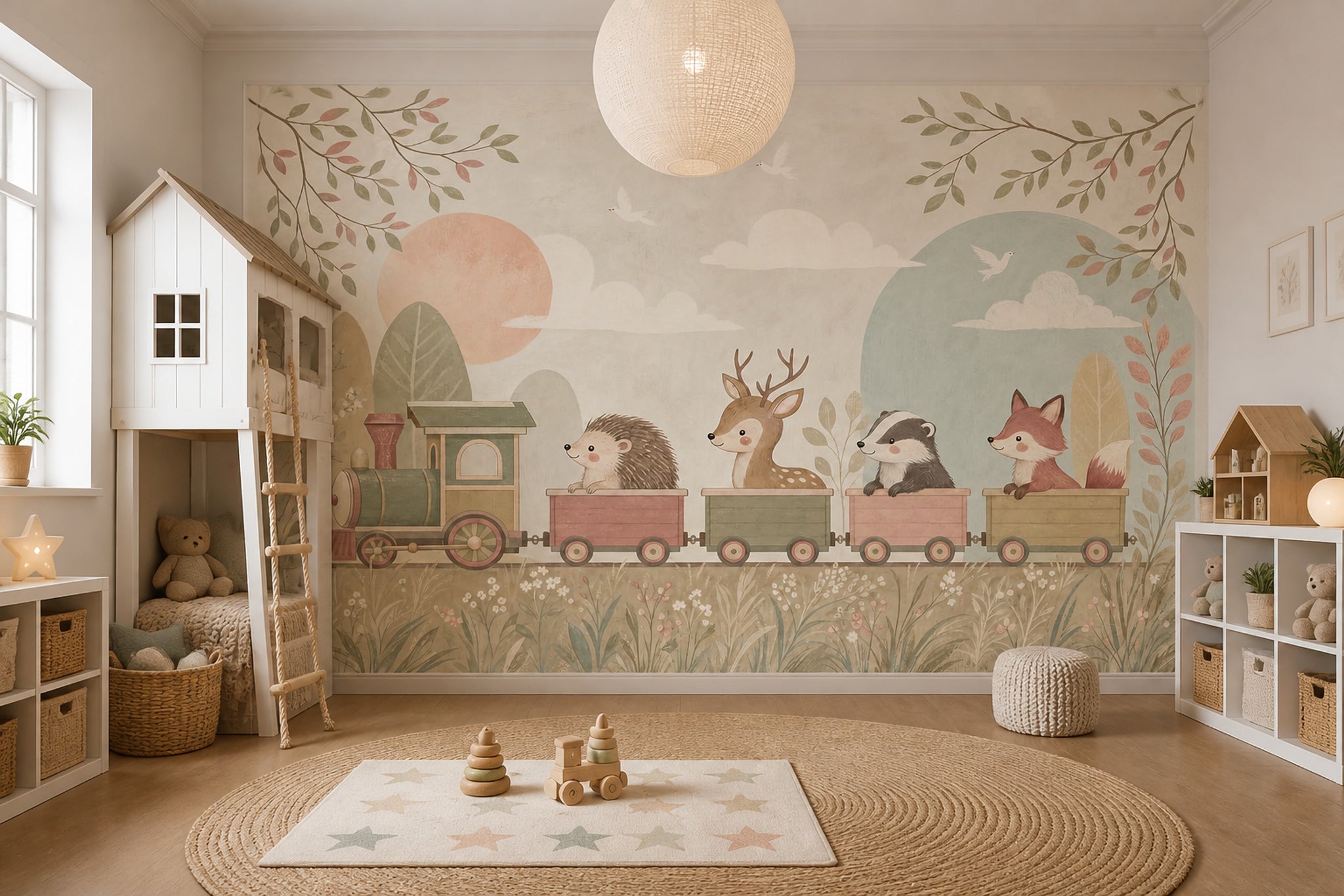 Muted Green Wallpaper Pastel Train Woodland Removable Wall Decor