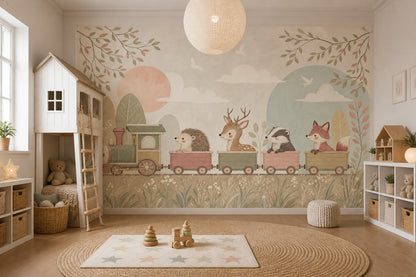 Muted Green Wallpaper Pastel Train Woodland Removable Wall Decor