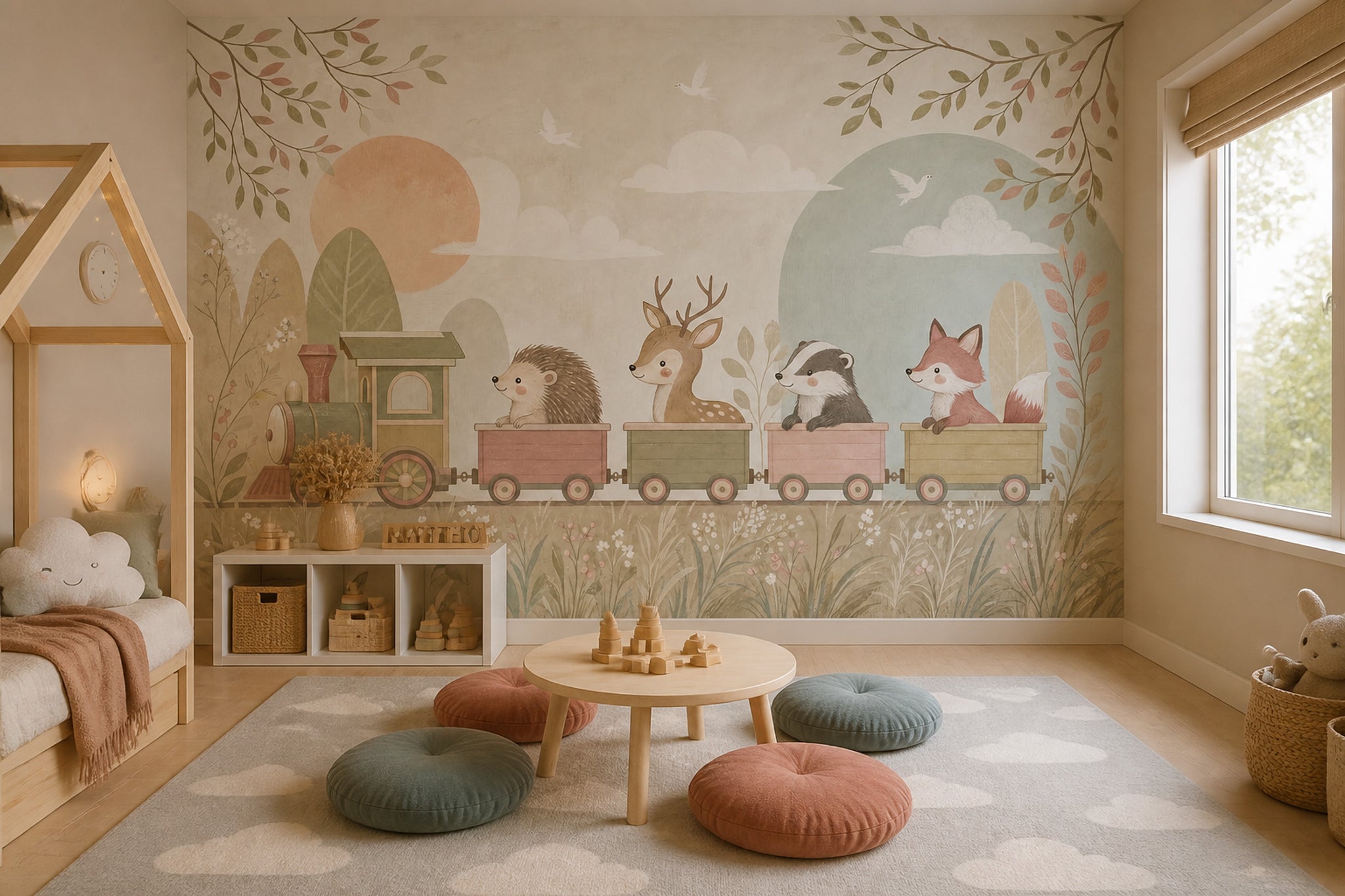 Muted Green Wallpaper Pastel Train Woodland Removable Wall Decor