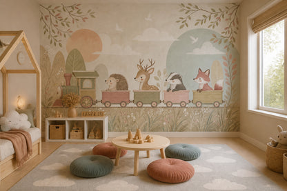 Muted Green Wallpaper Pastel Train Woodland Removable Wall Decor