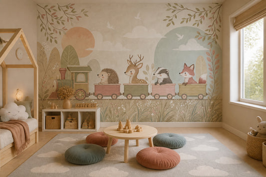 Muted Green Wallpaper Pastel Train Woodland Removable Wall Decor