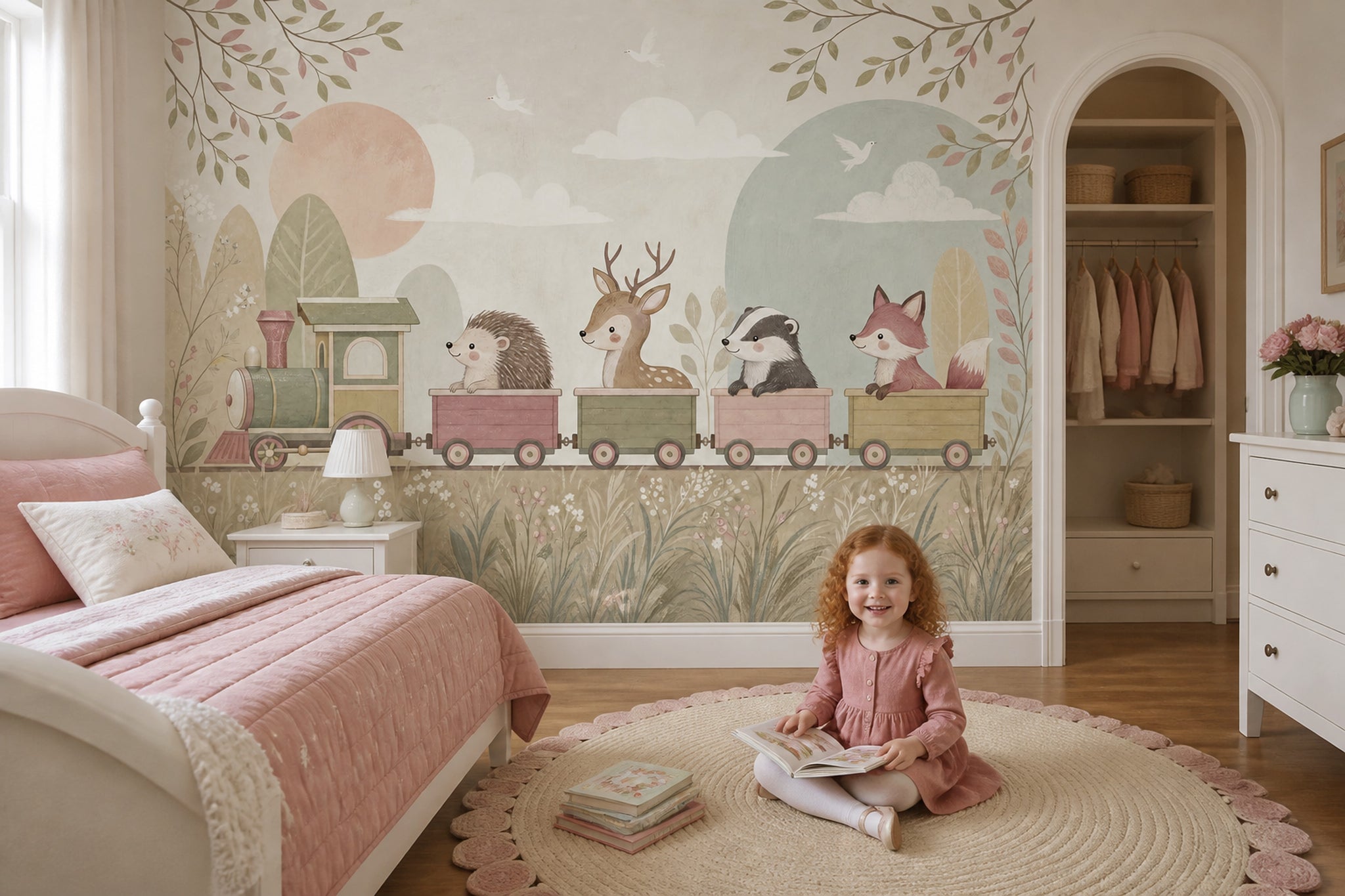 Muted Green Wallpaper Pastel Train Woodland Removable Wall Decor
