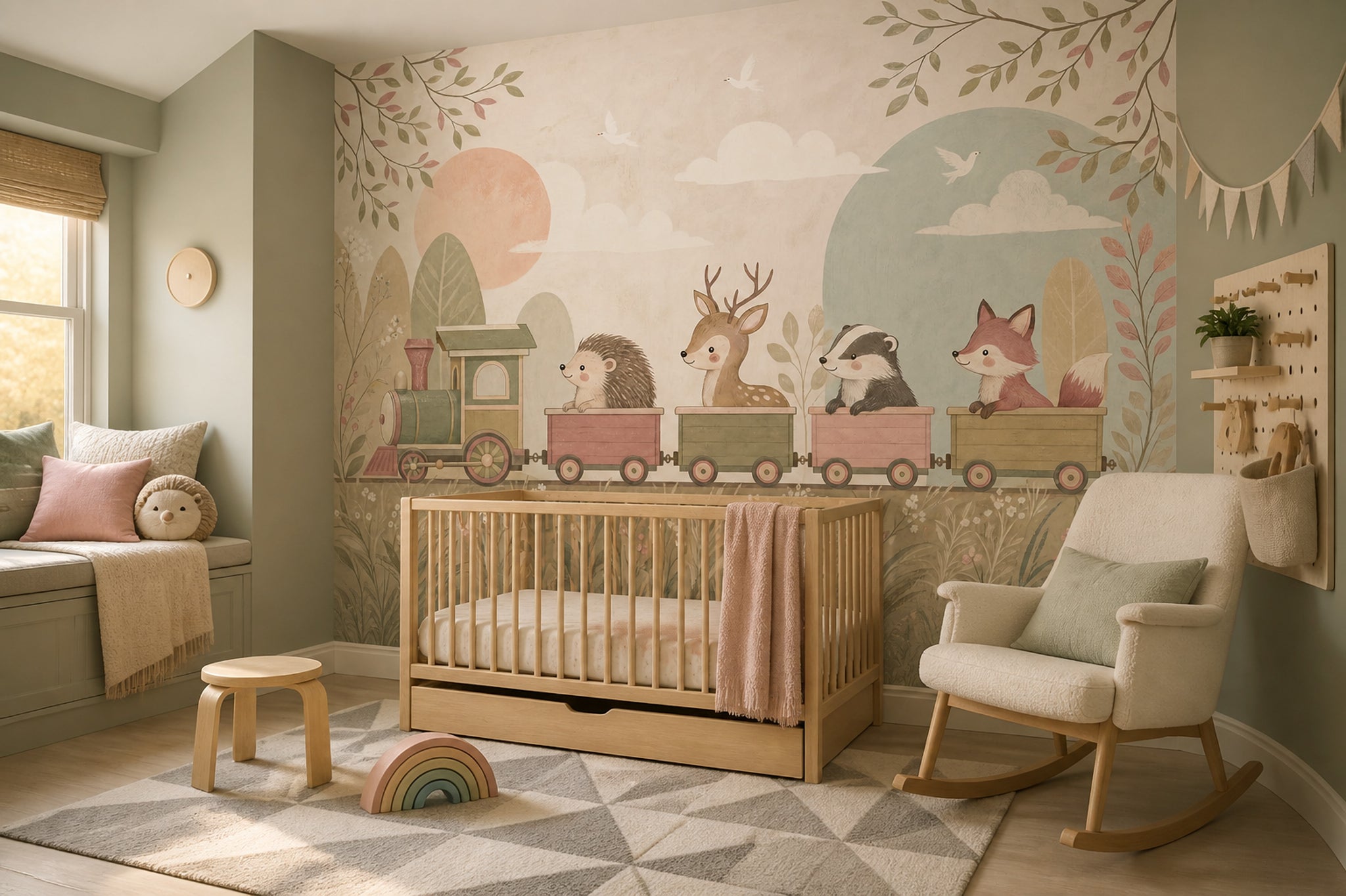 Muted Green Wallpaper Pastel Train Woodland Removable Wall Decor