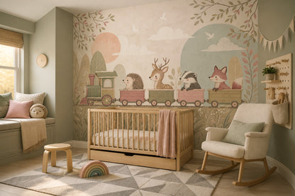 Muted Green Wallpaper Pastel Train Woodland Removable Wall Decor