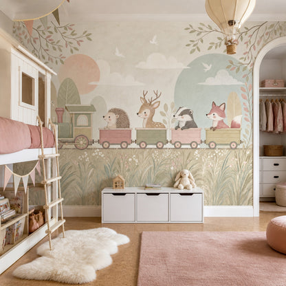 Muted Green Wallpaper Pastel Train Woodland Removable Wall Decor