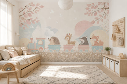 Woodland Animals Wallpaper Pastel Toy Train Wall Mural