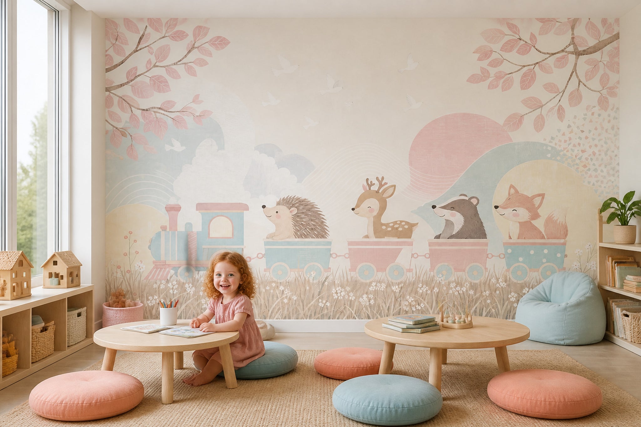 Woodland Animals Wallpaper Pastel Toy Train Wall Mural