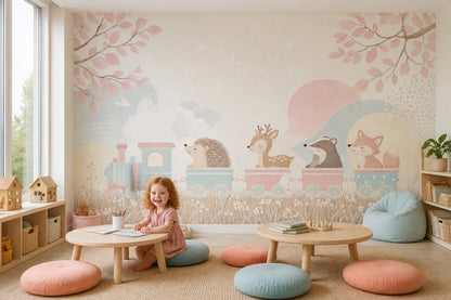 Woodland Animals Wallpaper Pastel Toy Train Wall Mural
