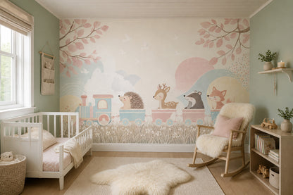 Woodland Animals Wallpaper Pastel Toy Train Wall Mural