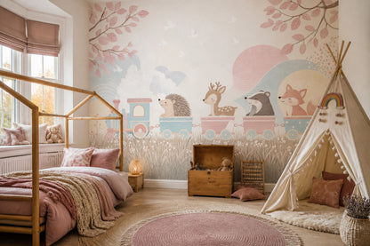 Woodland Animals Wallpaper Pastel Toy Train Wall Mural