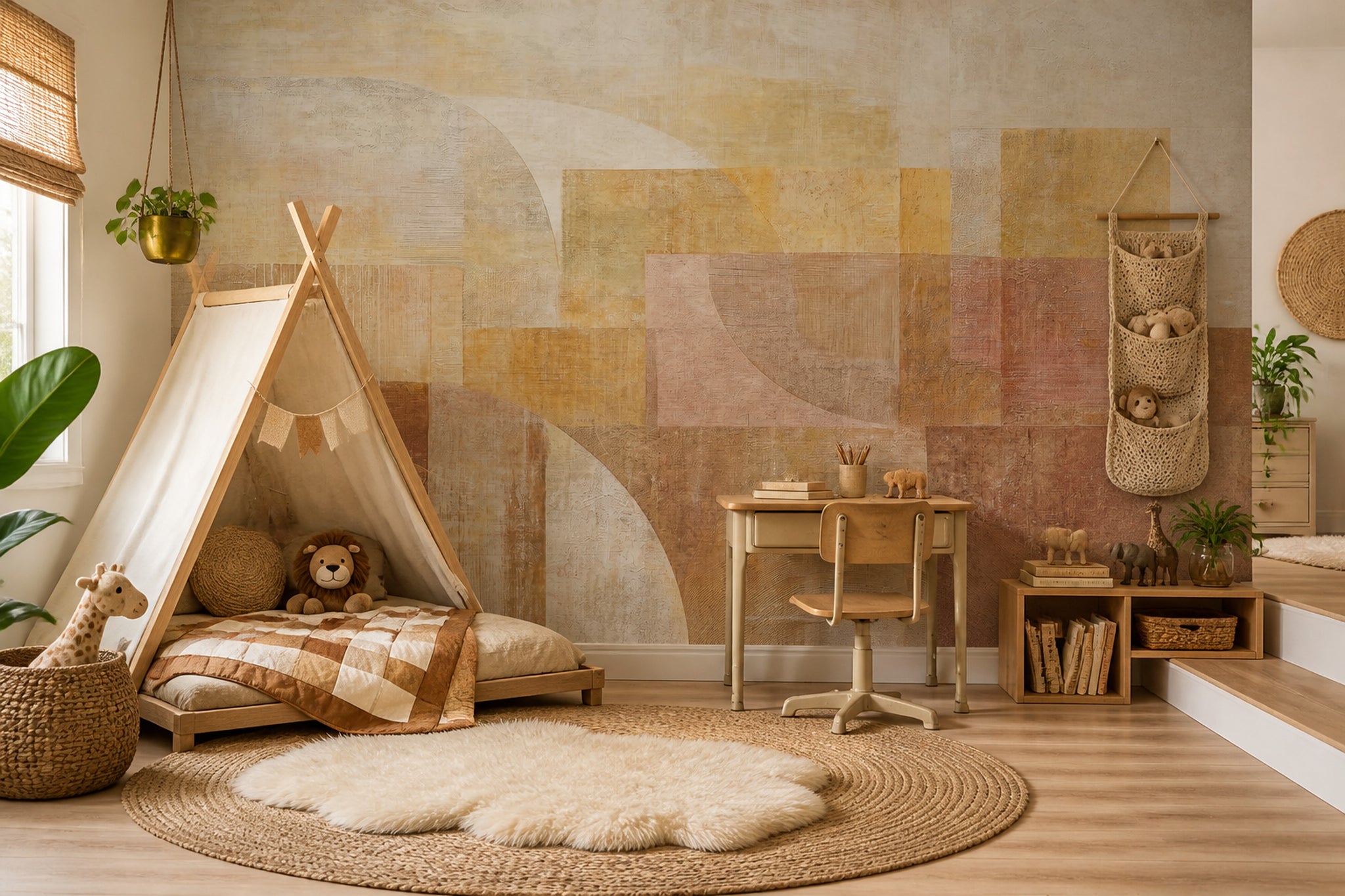 Abstract Geometric Wallpaper Arched Curves Textured Plaster Removable Wall Decor