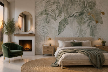 Tropical Leaves Wallpaper Palm Fronds Removable Sage Green Wall Decor