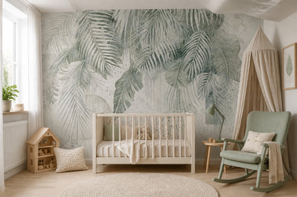 Tropical Leaves Wallpaper Palm Fronds Removable Sage Green Wall Decor