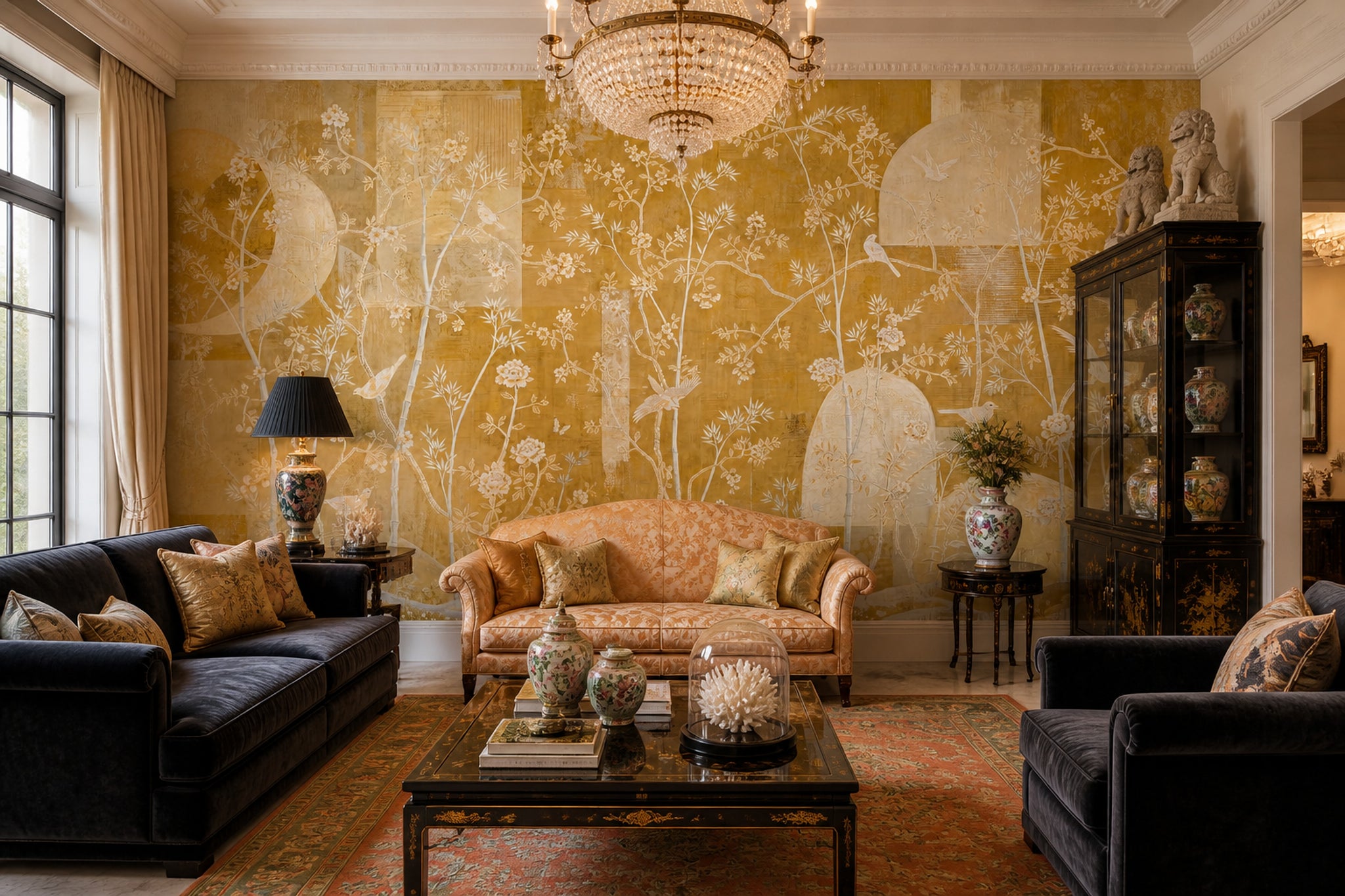 Gold Botanical Mural Wallpaper Blossoming Branches Asian Inspired Chinoiserie Wall Mural