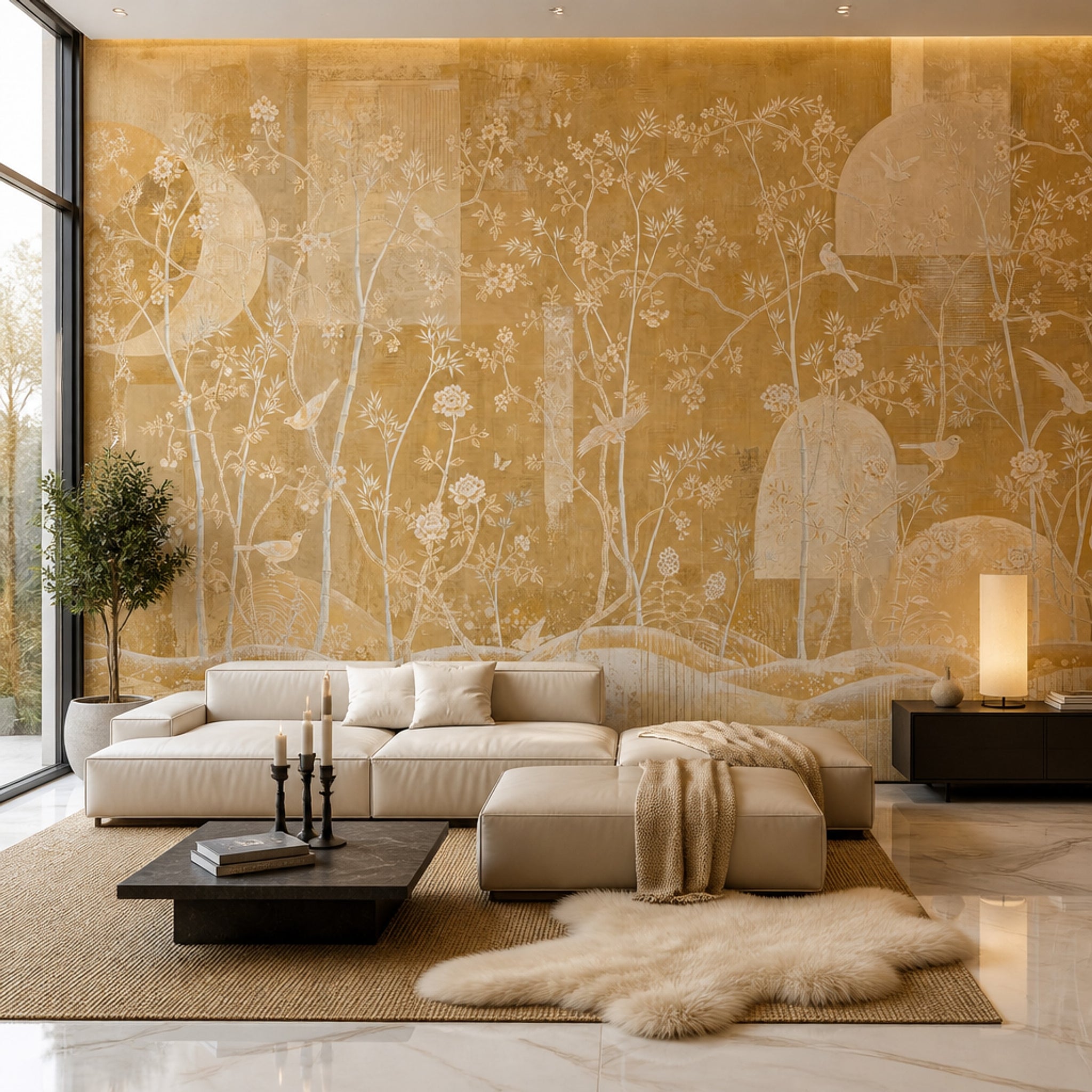 Gold Botanical Mural Wallpaper Blossoming Branches Asian Inspired Chinoiserie Wall Mural