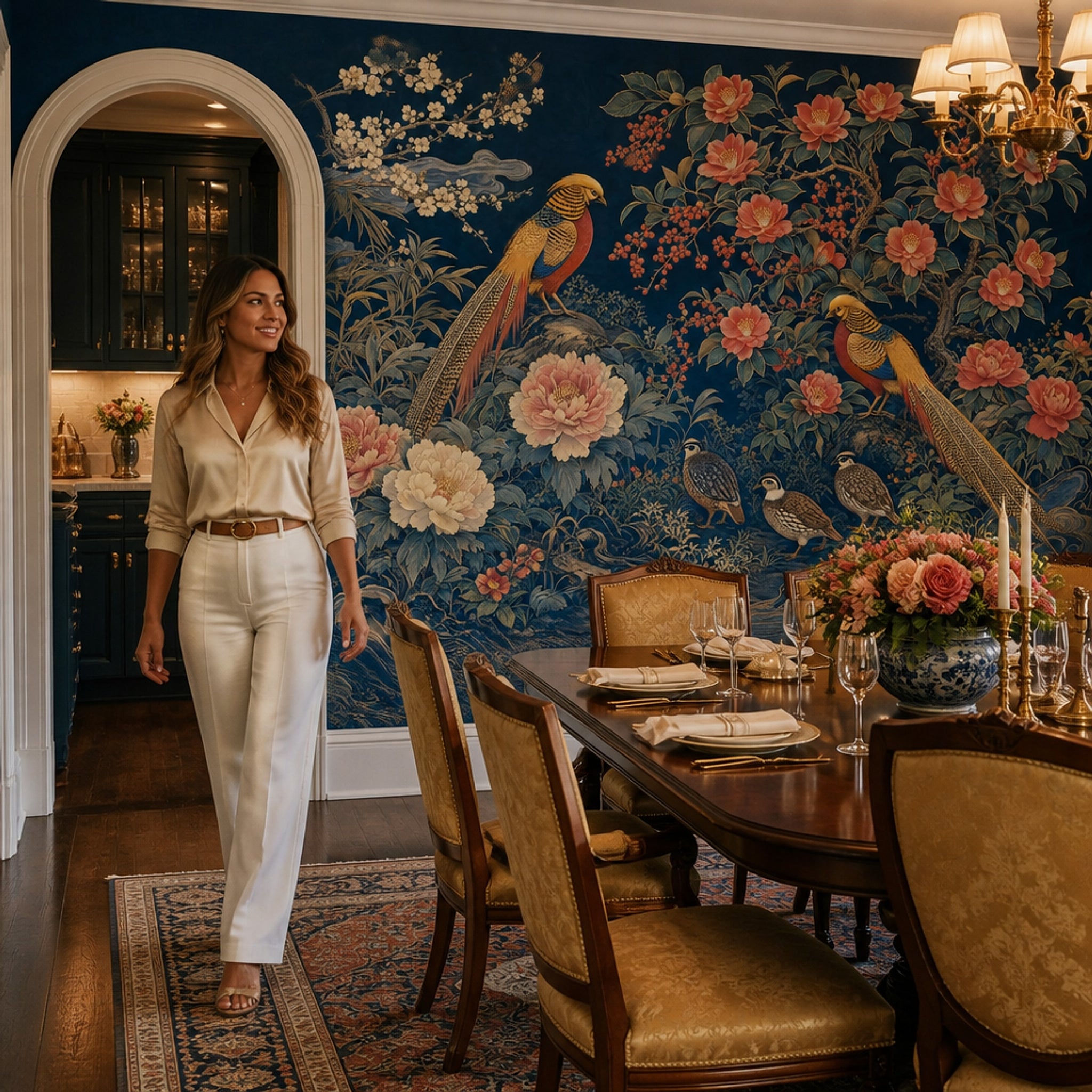 Dark Navy Background Wallpaper Oriental Floral Peonies Removable Wall Decor