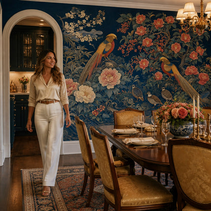 Dark Navy Background Wallpaper Oriental Floral Peonies Removable Wall Decor