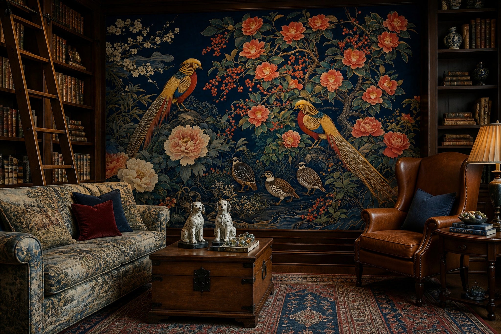Dark Navy Background Wallpaper Oriental Floral Peonies Removable Wall Decor