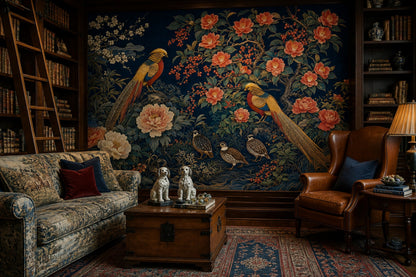 Dark Navy Background Wallpaper Oriental Floral Peonies Removable Wall Decor