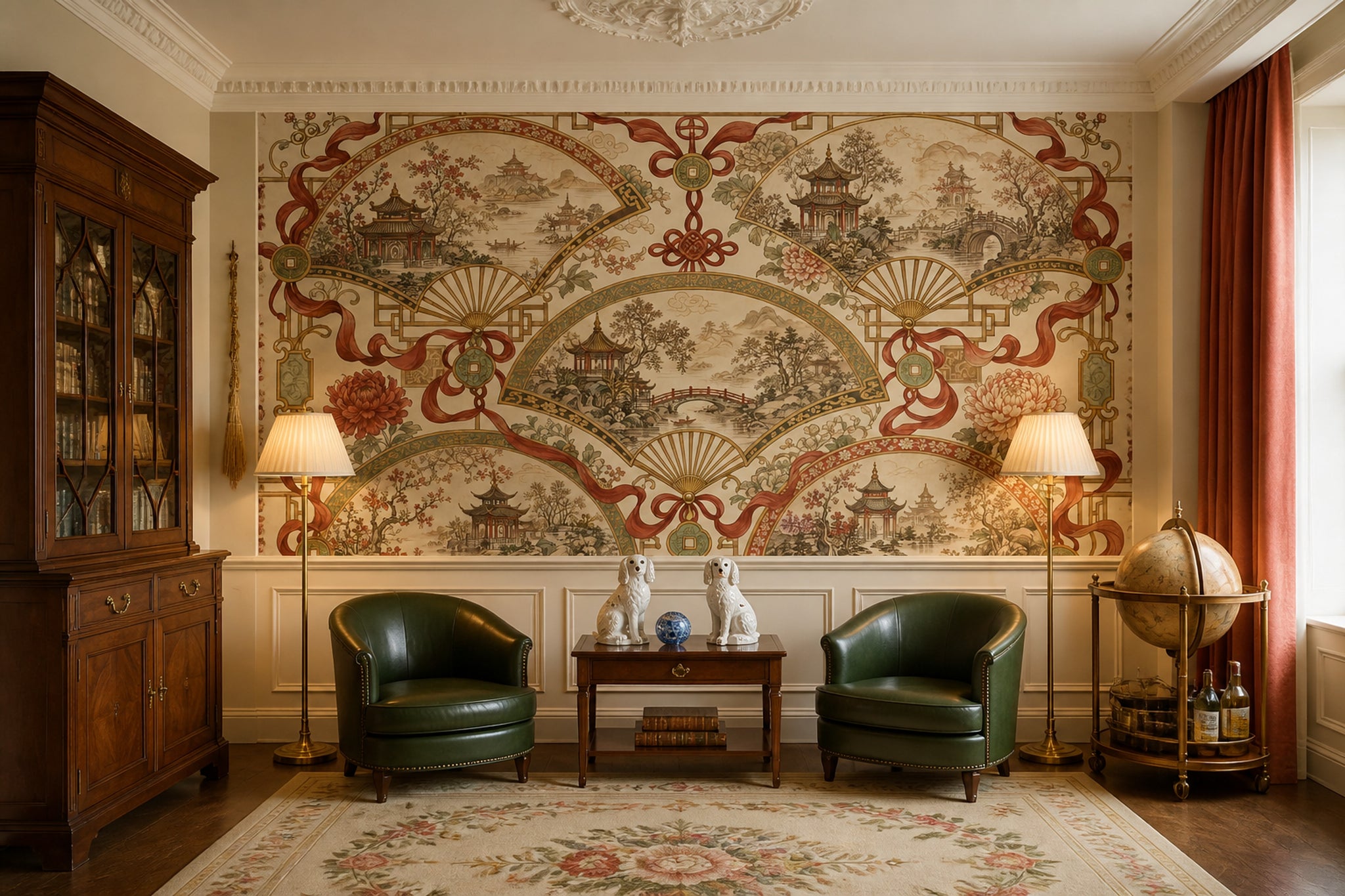 Chinoiserie Wallpaper Fan Motif Pagoda Pavilion Wall Mural