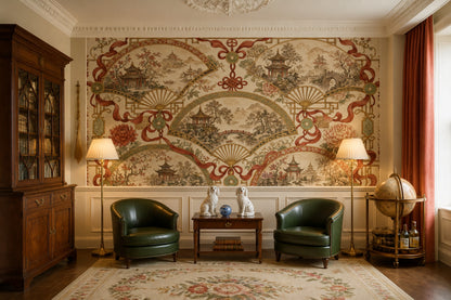 Chinoiserie Wallpaper Fan Motif Pagoda Pavilion Wall Mural