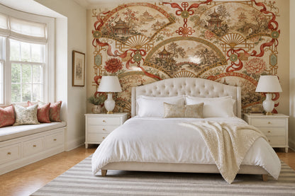 Chinoiserie Wallpaper Fan Motif Pagoda Pavilion Wall Mural