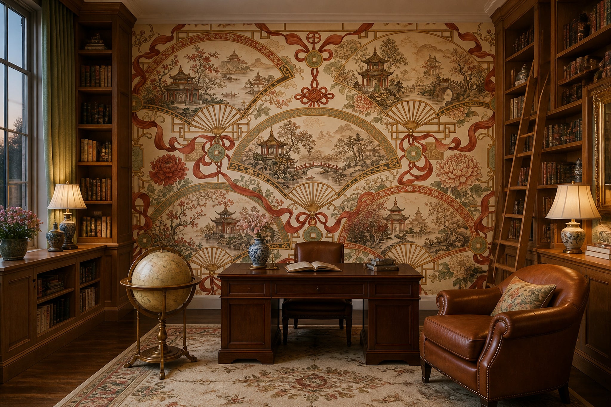 Chinoiserie Wallpaper Fan Motif Pagoda Pavilion Wall Mural