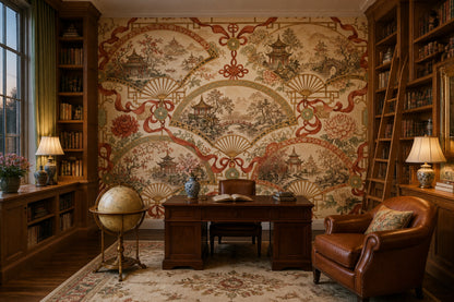 Chinoiserie Wallpaper Fan Motif Pagoda Pavilion Wall Mural