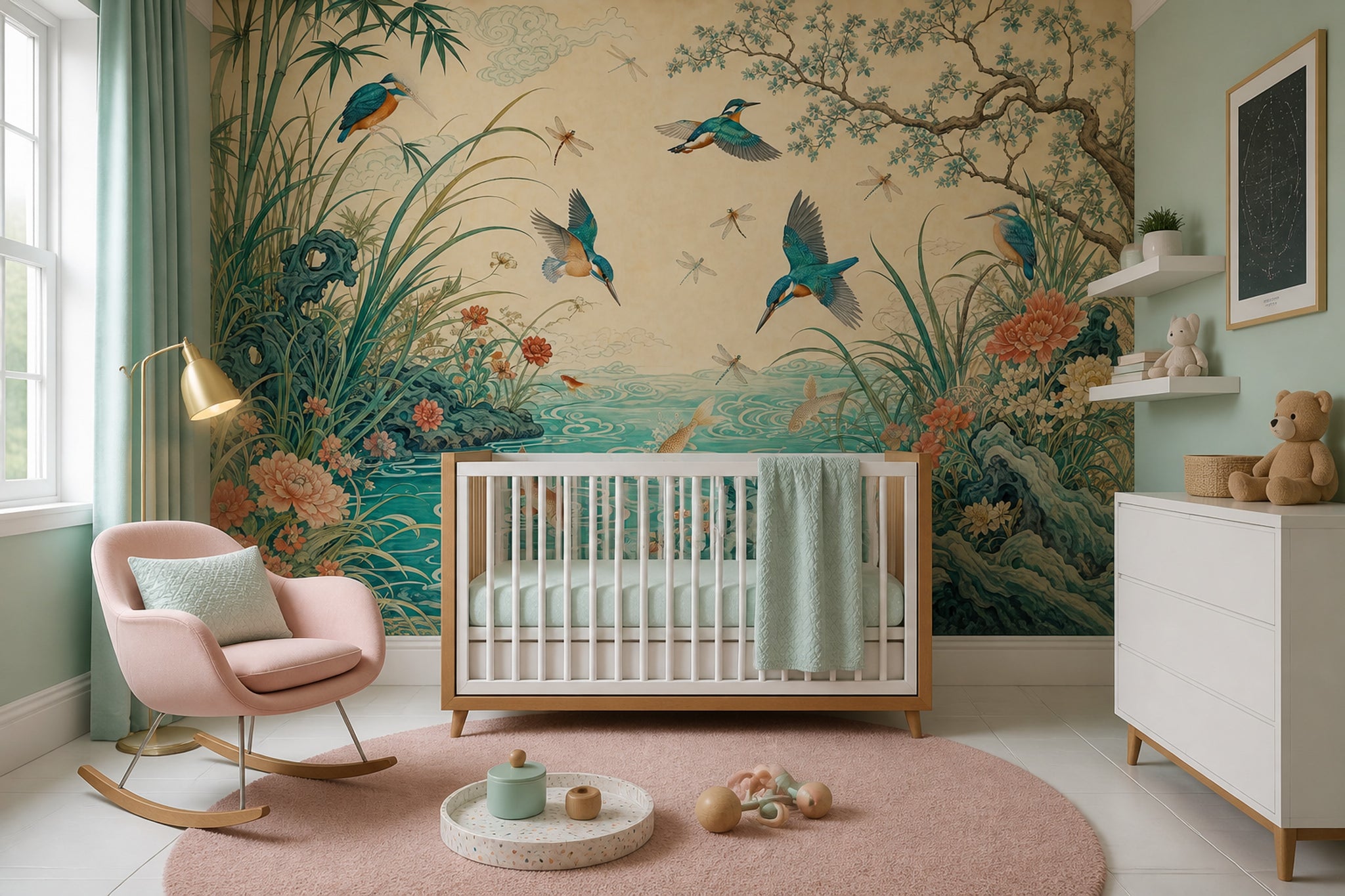 Chinoiserie Wallpaper Asian Inspired Removable Kingfisher Birds Wall Decor