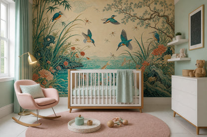 Chinoiserie Wallpaper Asian Inspired Removable Kingfisher Birds Wall Decor