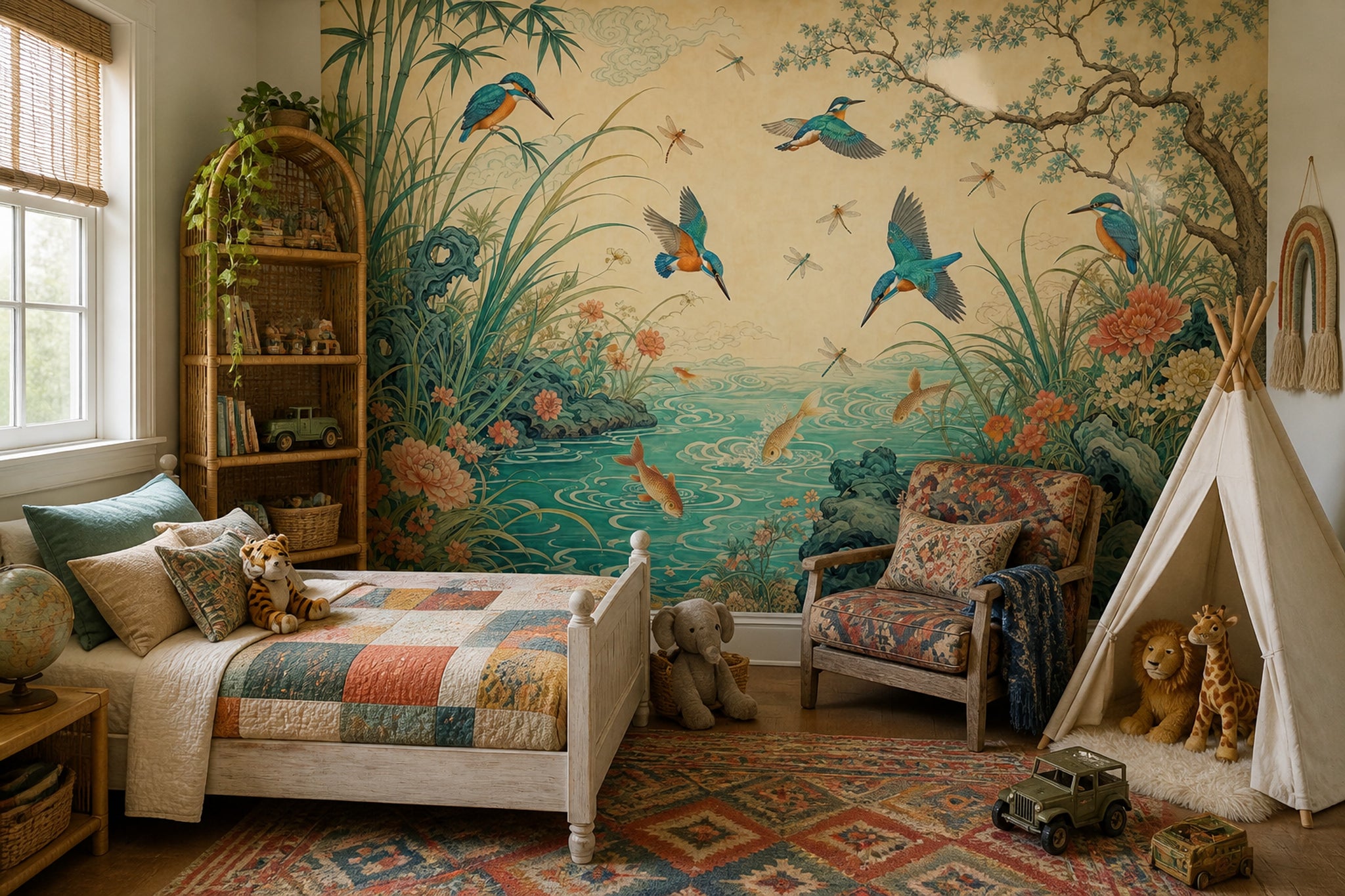 Chinoiserie Wallpaper Asian Inspired Removable Kingfisher Birds Wall Decor