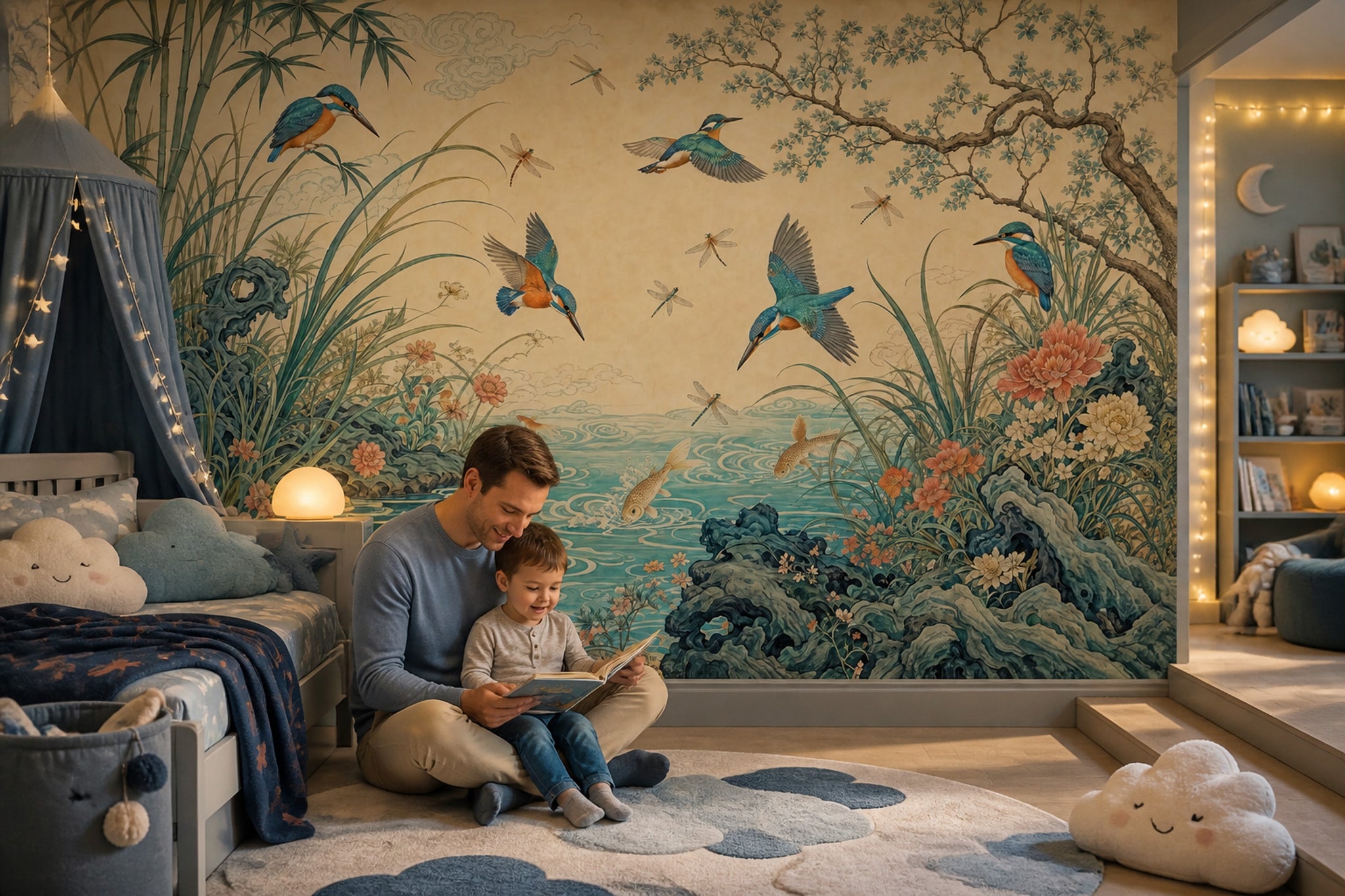 Chinoiserie Wallpaper Asian Inspired Removable Kingfisher Birds Wall Decor