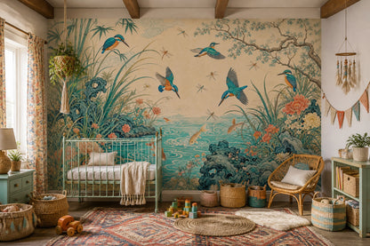 Chinoiserie Wallpaper Asian Inspired Removable Kingfisher Birds Wall Decor