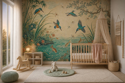 Chinoiserie Wallpaper Asian Inspired Removable Kingfisher Birds Wall Decor