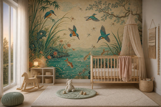 Chinoiserie Wallpaper Asian Inspired Removable Kingfisher Birds Wall Decor