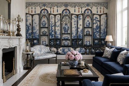 Chinoiserie Wallpaper Blue And White Porcelain Oriental Lattice Removable Wall Decor