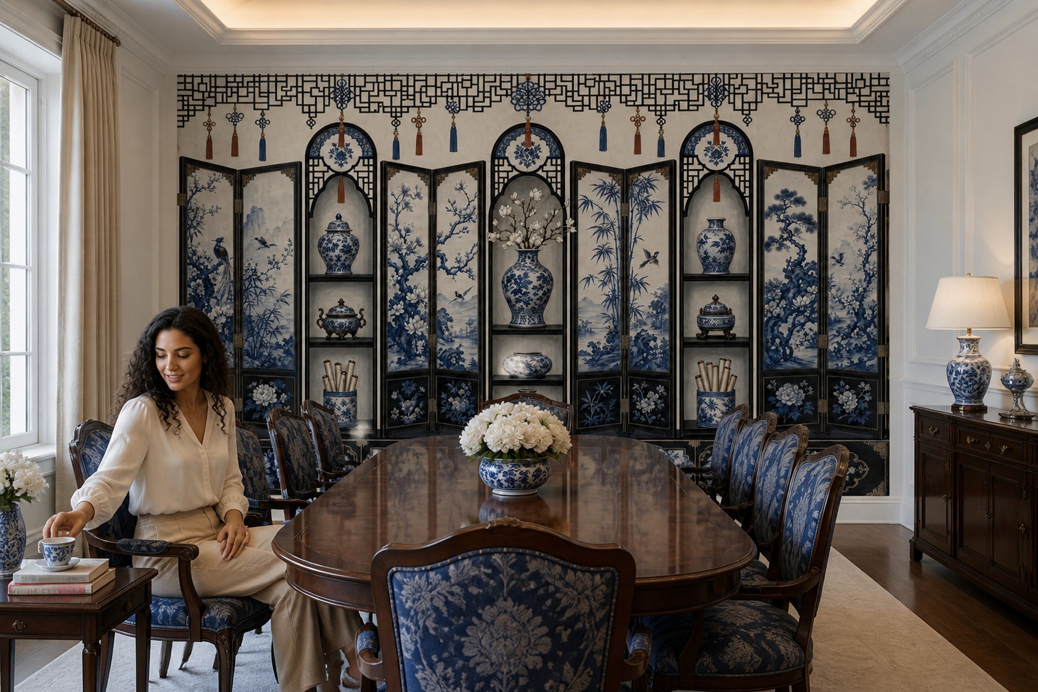 Chinoiserie Wallpaper Blue And White Porcelain Oriental Lattice Removable Wall Decor