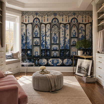 Chinoiserie Wallpaper Blue And White Porcelain Oriental Lattice Removable Wall Decor
