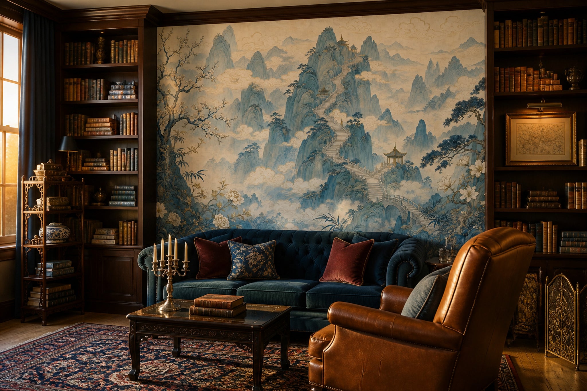 Chinese Landscape Wallpaper Misty Mountains Pagoda Pavilion Wall Mural