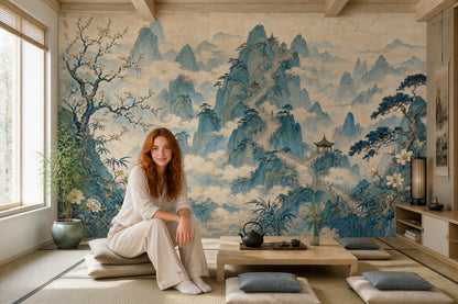Chinese Landscape Wallpaper Misty Mountains Pagoda Pavilion Wall Mural